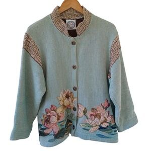 Sugar Street Weavers Floral Tapestry Jacket Blue Cotton Button Cardigan Medium